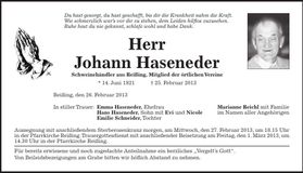 Traueranzeige Johann Haeneder