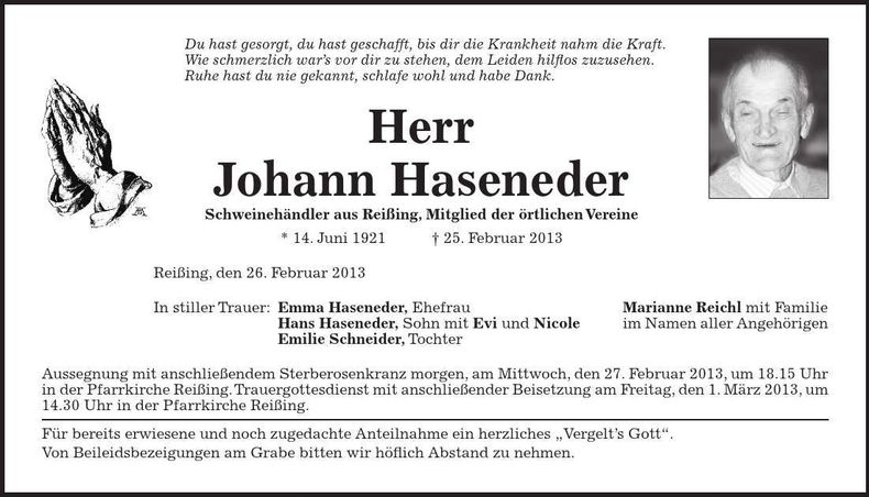 Traueranzeige Johann Haeneder