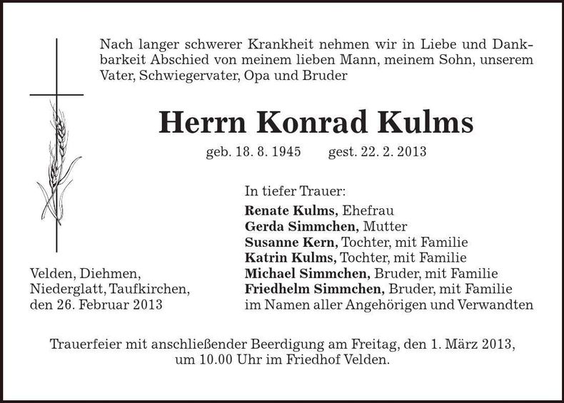 Traueranzeige Konrad Kulms