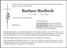 Traueranzeige Barbara Haselbeck
