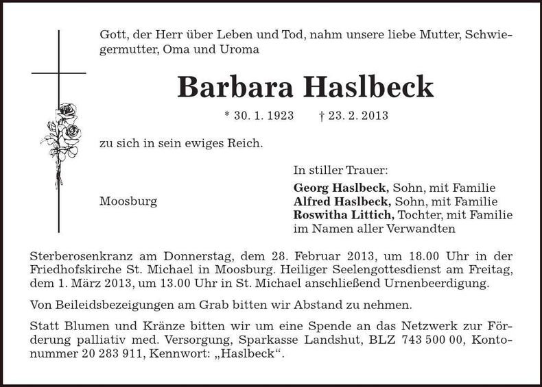 Traueranzeige Barbara Haselbeck