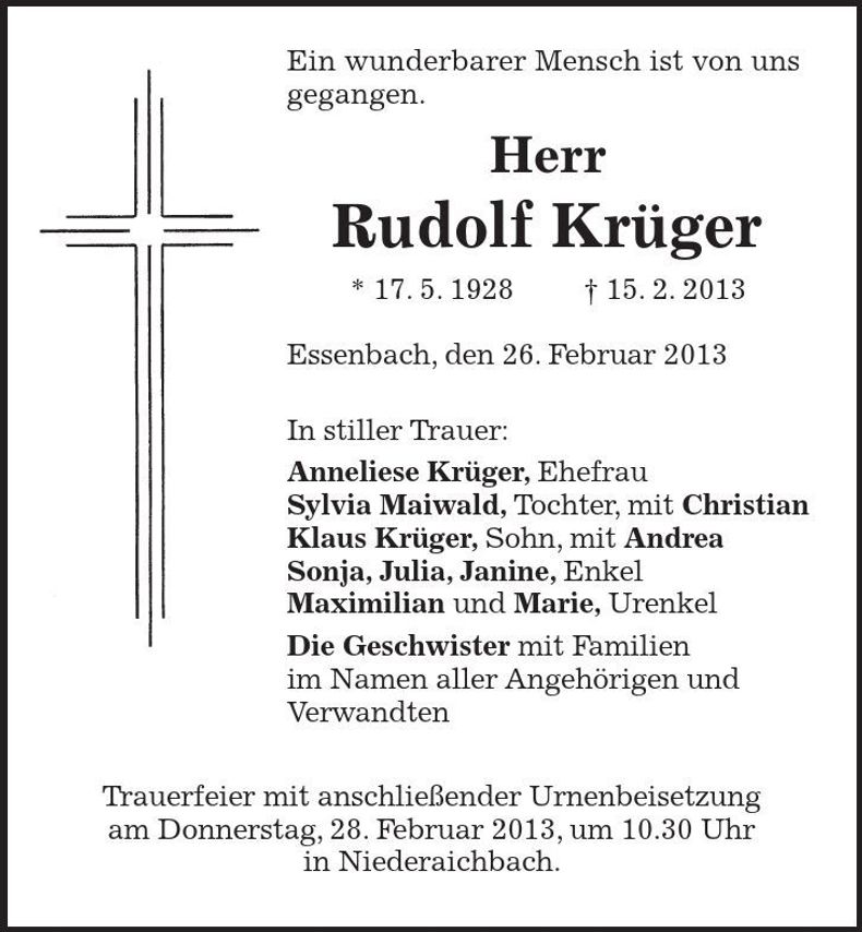 Traueranzeige Rudolf Krüger