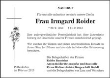 Traueranzeige Irmgard Roider