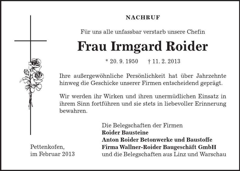 Traueranzeige Irmgard Roider
