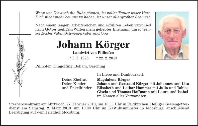 Traueranzeige Johann Körger