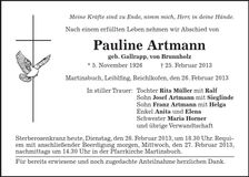 Traueranzeige Pauline Artmann