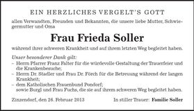 Traueranzeige Frieda Soller