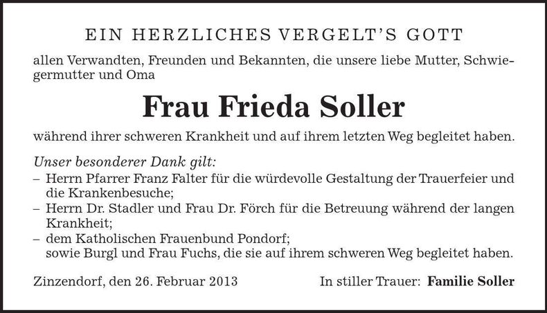 Traueranzeige Frieda Soller