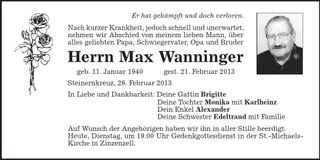 Traueranzeige Max Wanninger
