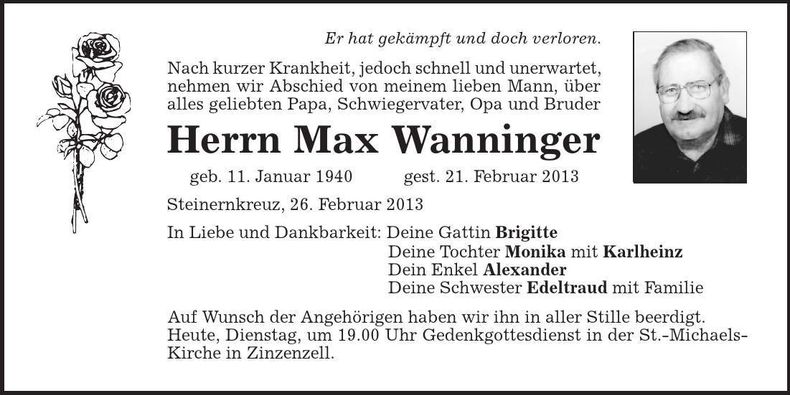 Traueranzeige Max Wanninger