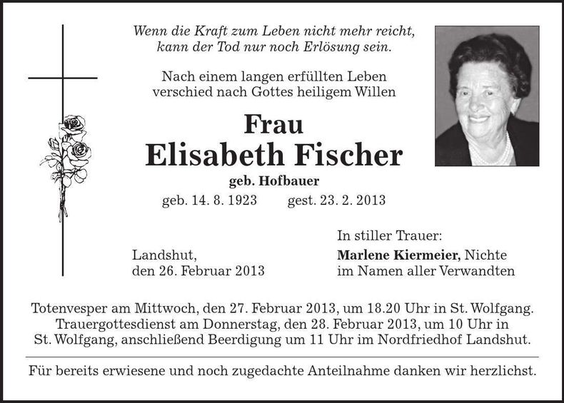 Traueranzeige Elisabeth Fischer