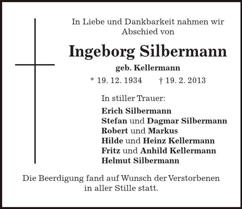 Traueranzeige Ingeborg Silbermann
