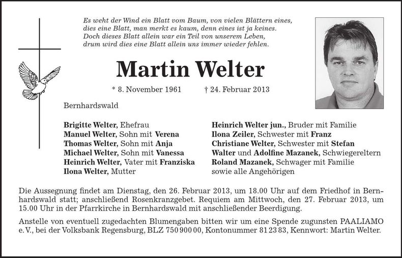 Traueranzeige Martin Welter