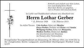 Traueranzeige Lothar Gerber