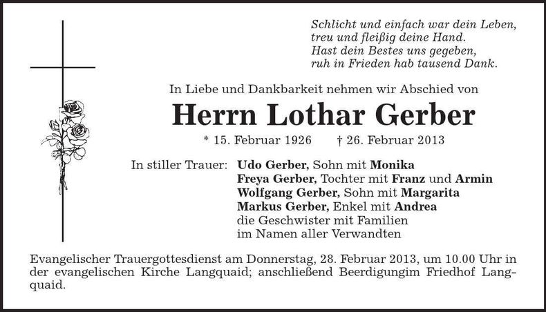 Traueranzeige Lothar Gerber
