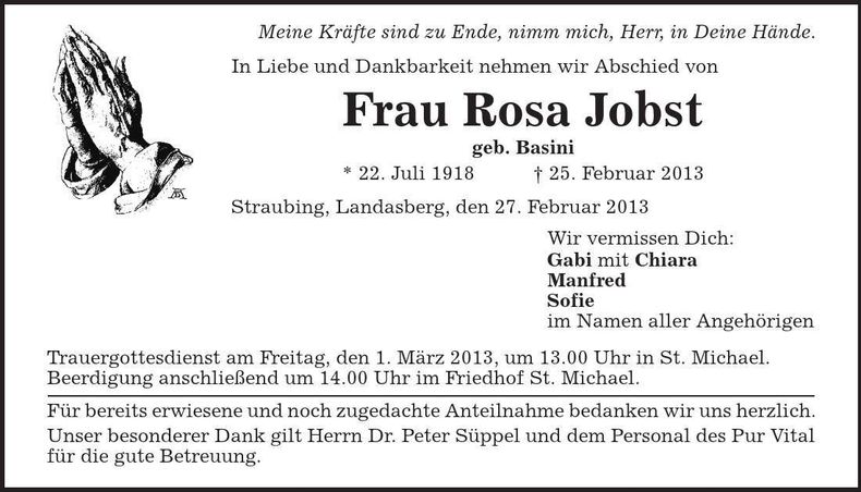 Traueranzeige Rosa Jobst