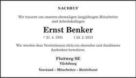 Traueranzeige Ernst Benker