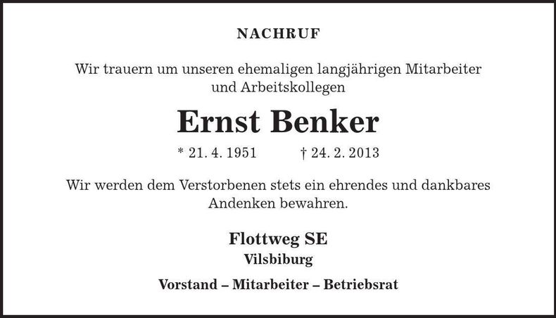 Traueranzeige Ernst Benker