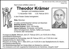 Traueranzeige Theodor Krämer