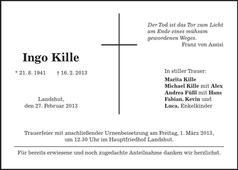 Traueranzeige Ingo Kille