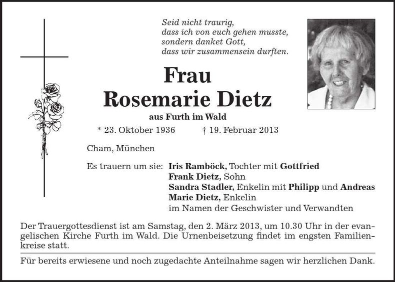 Traueranzeige Rosemarie Dietz