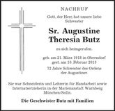 Traueranzeige Sr. Augustine Theresia Butz