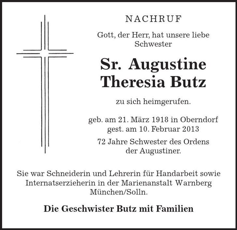 Traueranzeige Sr. Augustine Theresia Butz