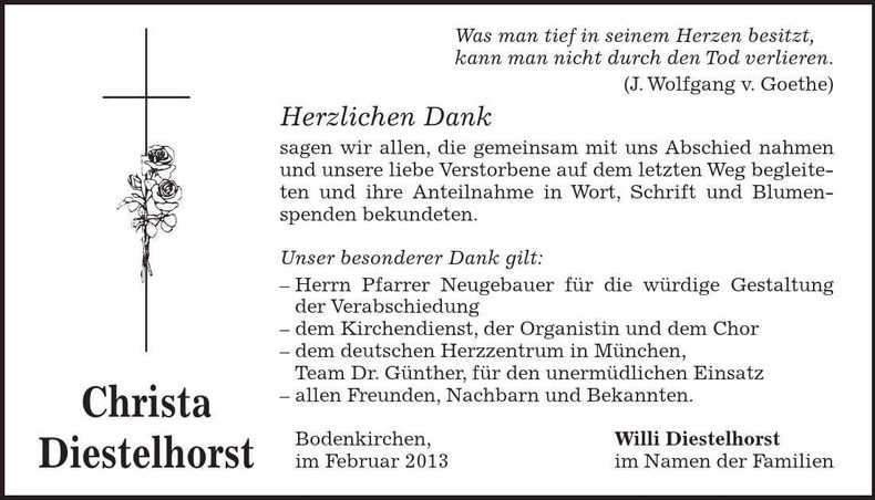 Traueranzeige Christa Diestelhorst