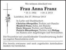 Traueranzeige Anna Franz