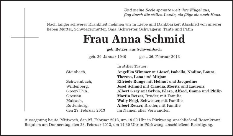 Traueranzeige Anna Schmid
