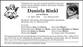 Traueranzeige Daniela Rinkl