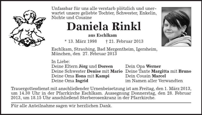 Traueranzeige Daniela Rinkl