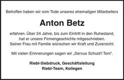 Traueranzeige Anton Betz