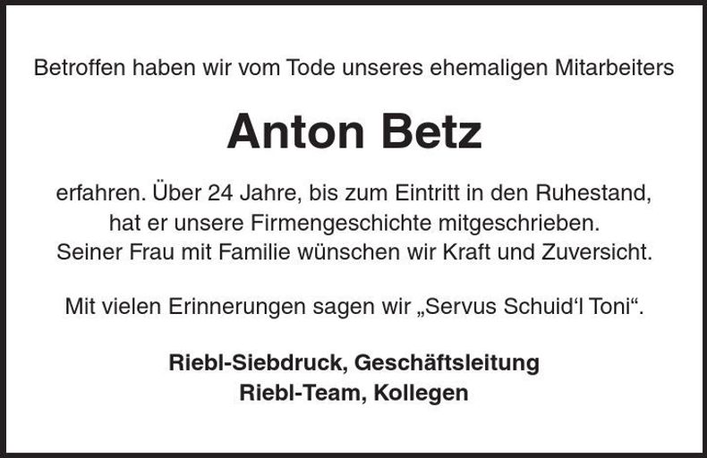 Traueranzeige Anton Betz