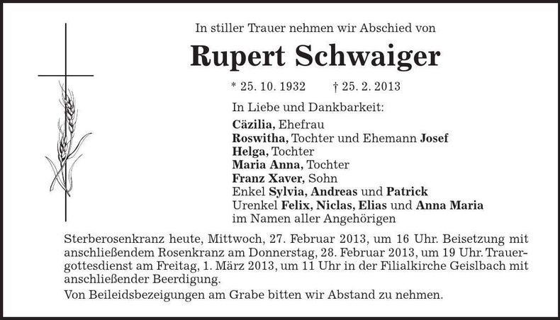 Traueranzeige Rupert Schwaiger