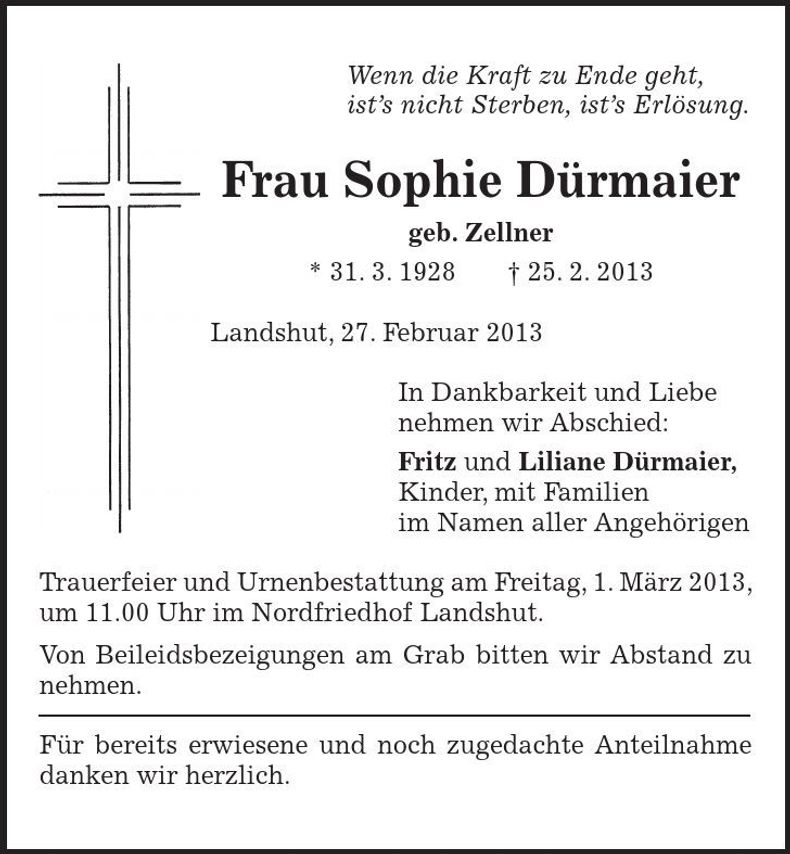 Traueranzeige Sophie Dürmaier
