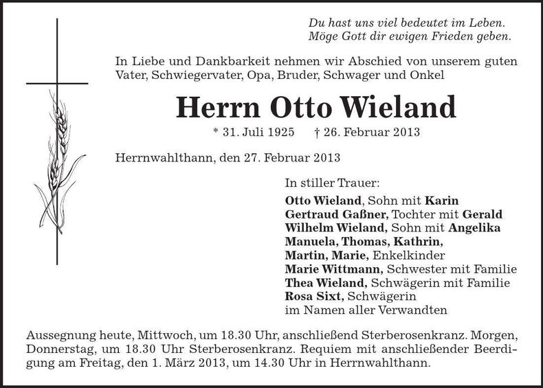 Traueranzeige Otto Wieland