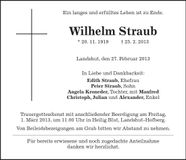 Traueranzeige Wilhelm Straub