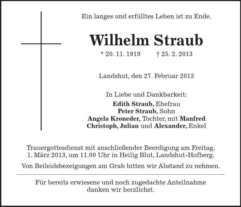 Traueranzeige Wilhelm Straub