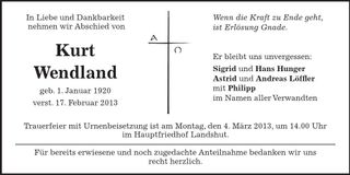 Traueranzeige Kurt Wendland
