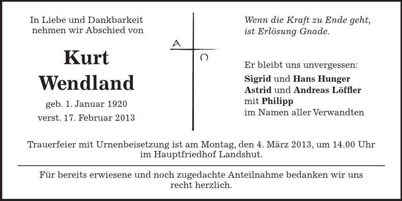 Traueranzeige Kurt Wendland