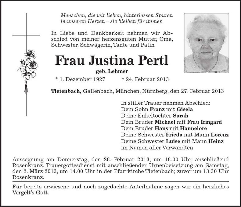 Traueranzeige Justina Pertl