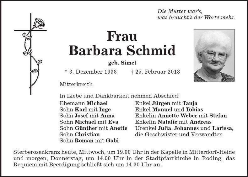 Traueranzeige Barbara Schmid