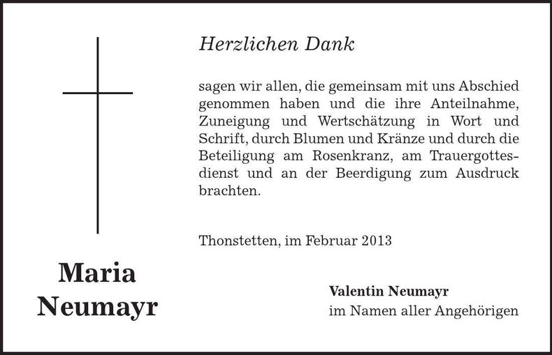 Traueranzeige Maria Neumayr