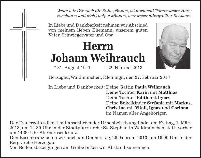 Traueranzeige Johann Weihrauch