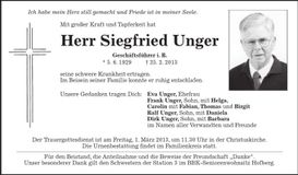 Traueranzeige Siegfried Unger