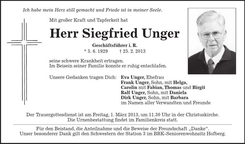 Traueranzeige Siegfried Unger