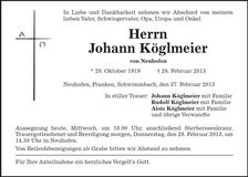 Traueranzeige Johann Köglmeier