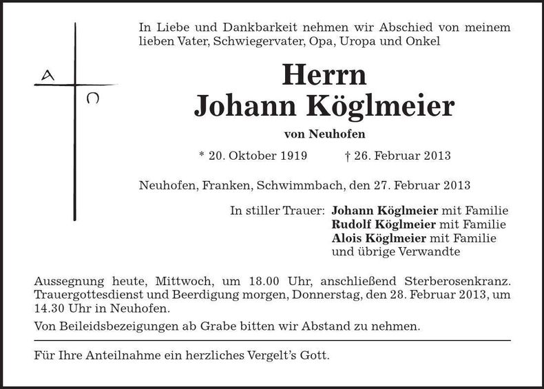 Traueranzeige Johann Köglmeier