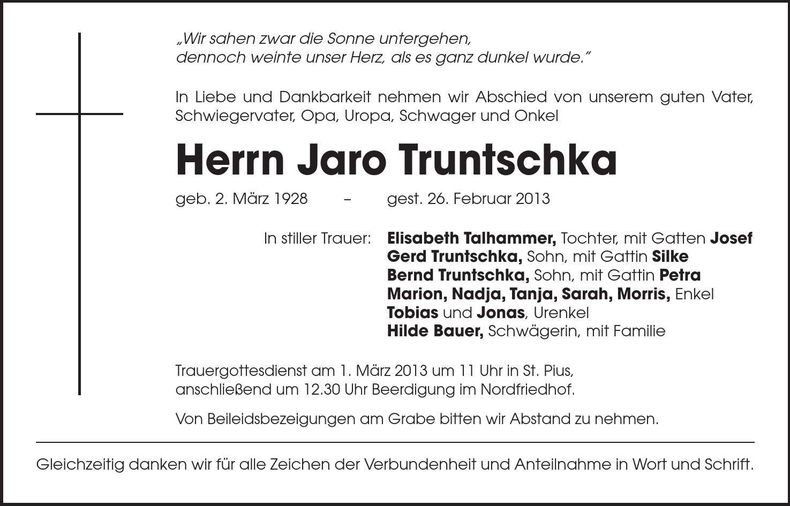 Traueranzeige Jaro Truntschka